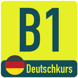 Die Grafik zeigt „B1 Deutschkurs in Frankfurt“ neben einem runden Symbol, das in den deutschen Nationalfarben Schwarz, Rot und Gold gehalten ist. 