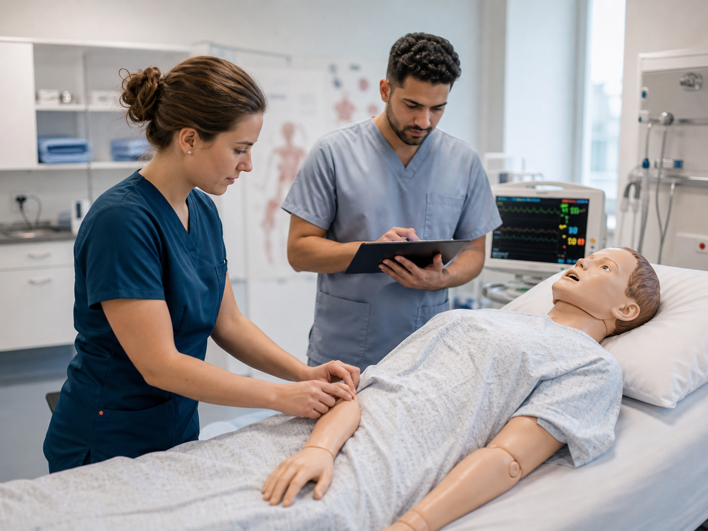 Pflegefachkräfte trainieren im Skills Lab